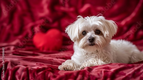 A Maltese dog is posing against a backdrop of red velvet.