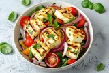 Fresh vegetables and tofu in a white bowl, suitable for healthy eating concepts