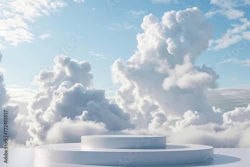white pedestal podium surrounded by clouds, Empty podium for product display with clouds background