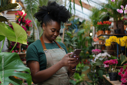 an industrious African American woman, donning a green t-shirt and apron, effortlessly juggles her smartphone while fulfilling online orders in her thriving shop.