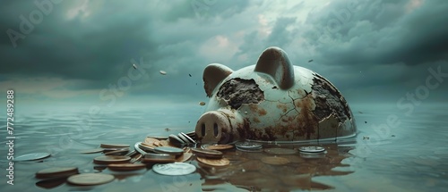 A sun-dried piggy bank was half submerged in stormwater. The coins spilled into the rising tide. An allegory of financial disaster and the elusive nature of it. #772489288