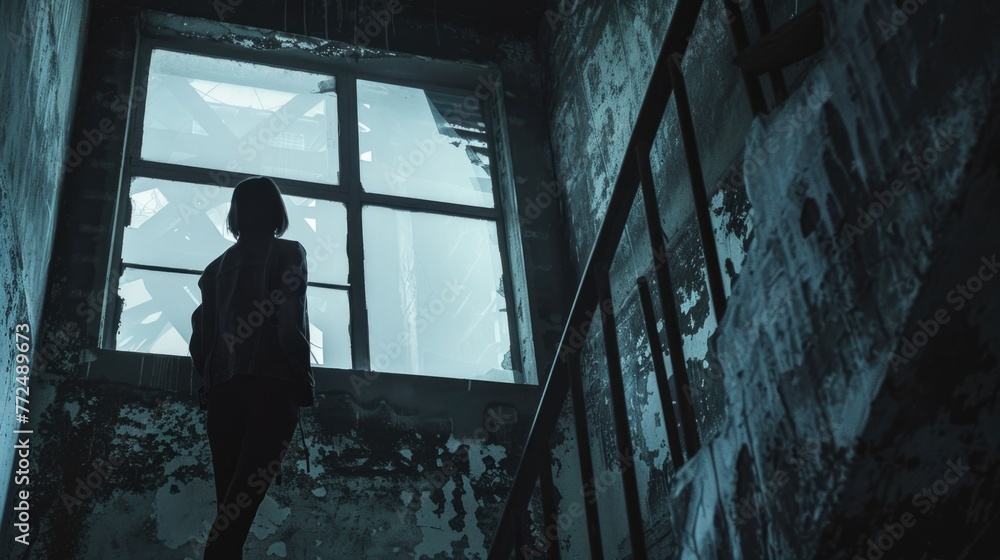 A woman standing in front of a window in an abandoned building. Suitable for urban exploration themes