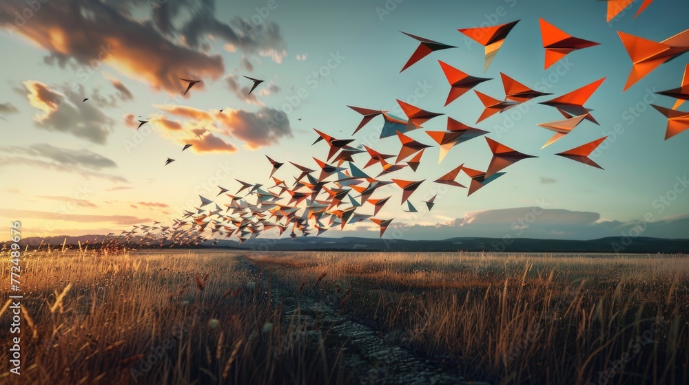 Paper airplanes flying over a field, suitable for educational and travel concepts - obrazy, fototapety, plakaty 