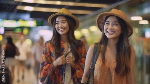 young women passenger walk in airport terminal to boarding gate. Attractive beautiful female tourist friends feeling happy and excited to go travel abroad by airplane © Zie