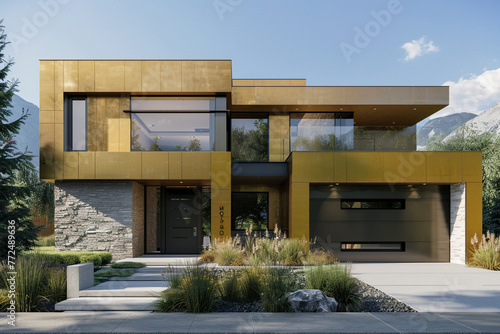 High-end new construction home in a modern style, showcasing luxurious gold siding and natural stone wall accents, with a minimalist approach excluding a garage. photo