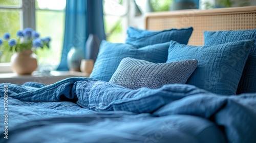 Blue Pillows and Flowers Adorning Bed