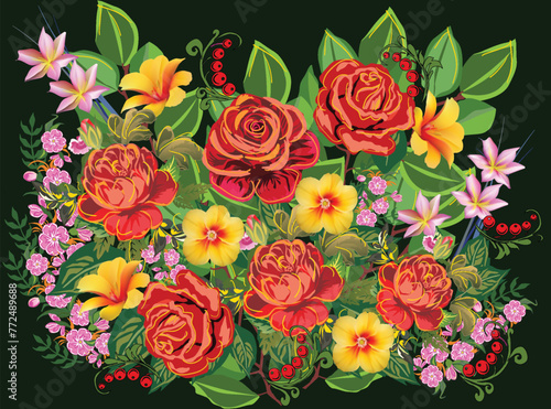 bright lush bunch of flowers isolated on dark green background