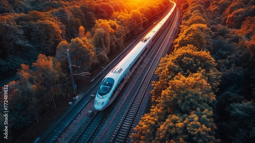 High-speed train powered by renewable energy, with solar panels along the track, representing sustainable transport