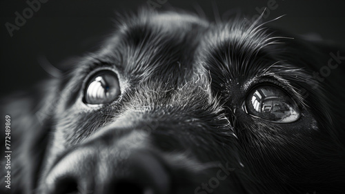 Close-up of a dog's eyes in black and white.