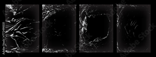 Set of polyethylene texture. Torn effect. Transparent stretched cling film. Overlay grunge texture. Collection of vector background. Crumpled warp plastic. Defect, scuff template. Wrinkled packaging
