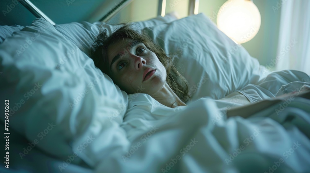 Woman resting in bed with white sheets, suitable for bedroom decor advertising Woman resting in bed with white sheets, suitable for bedroom decor advertising