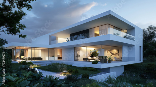 Modern white villa with an emphasis on open spaces and natural light, surrounded by greenery under a breathtaking dusk sky.