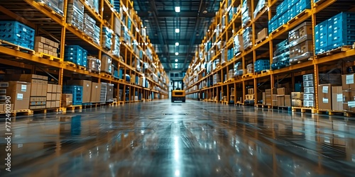 Efficient Warehouse Operations with Merchandise Pallets, Shelves, and Forklifts Amidst Logistics Transportation. Concept Warehouse Efficiency, Merchandise Handling, Pallet Storage photo