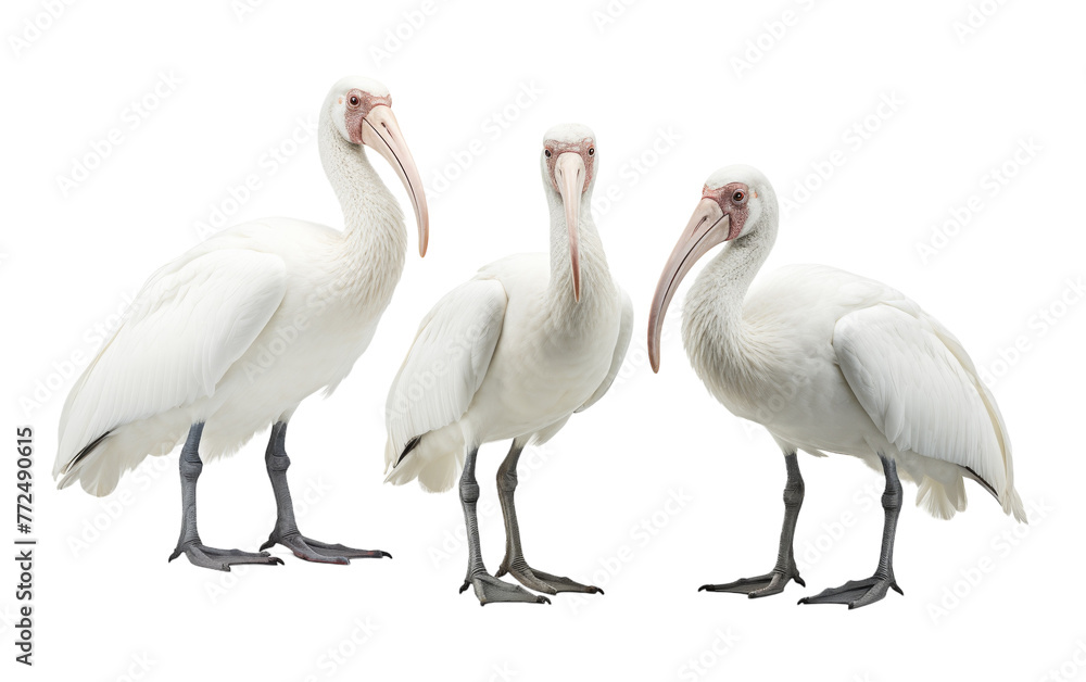Fototapeta premium Three elegant white pelicans standing in perfect alignment on shore
