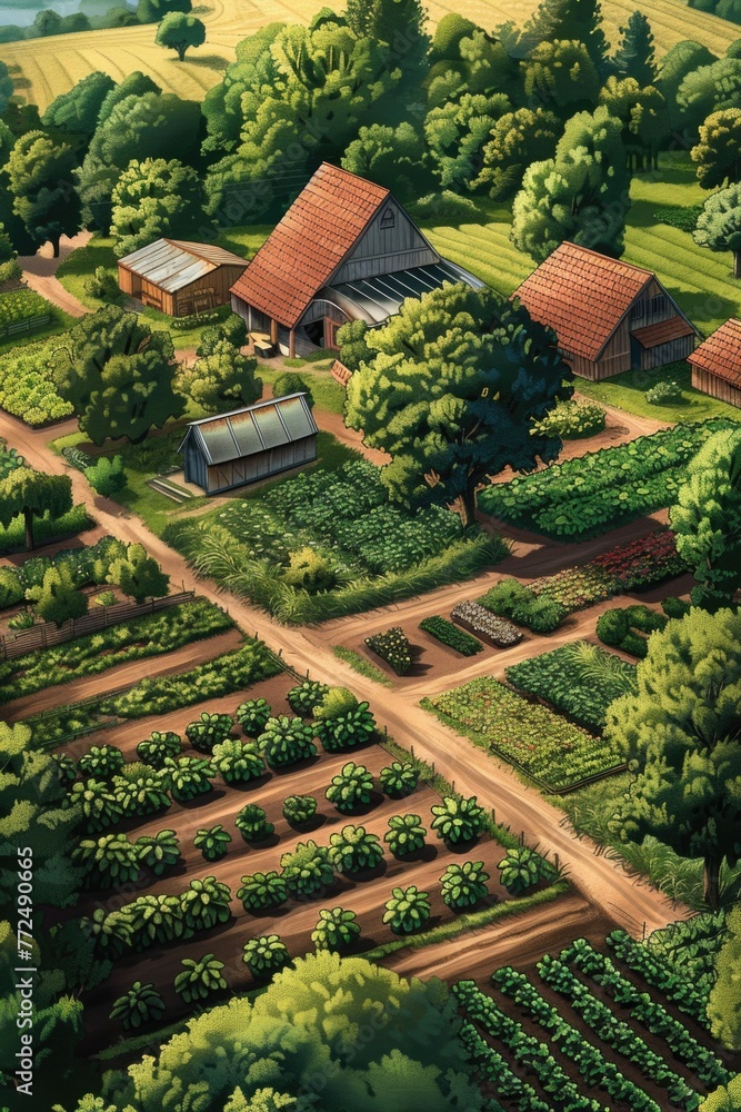 Aerial view of a farm with a dense canopy of trees. Suitable for agricultural and environmental themes