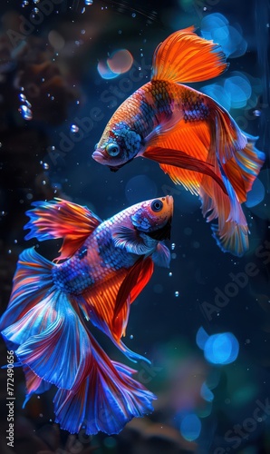Two colorful betta goldfish dancing underwater, displaying the beauty of their tails © Matthew