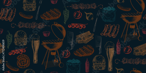 Seamless pattern with grilled meat and bbq equipment. Background with bbq food and tool. Hand drawn grilled steak, sausage, ribs, vegetables, burger. Charcoal and wood for grilling. Kitchen utensils