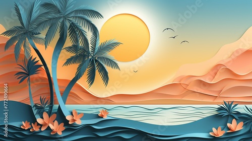 Wallpaper background of a blue sea and tree coconut logo and yellow sun   palette color   Generate AI