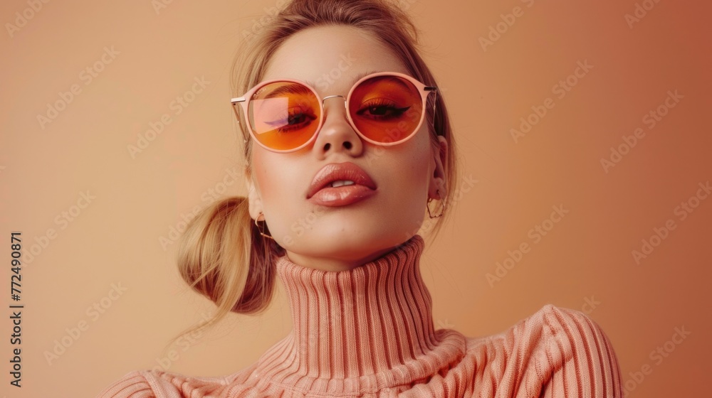 A stylish woman wearing a turtle neck sweater and sunglasses. Suitable for fashion or lifestyle concepts A stylish woman wearing a turtle neck sweater and sunglasses. Suitable for fashion or lifestyle concepts