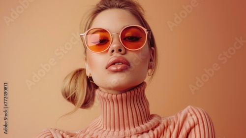 A stylish woman wearing a turtle neck sweater and sunglasses. Suitable for fashion or lifestyle concepts