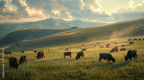 On the hills, cows and buffalos are grazing.