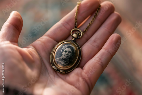 a person's hand holding a locket containing a cherished photo of a loved one, evoking memories and sentiments of love
