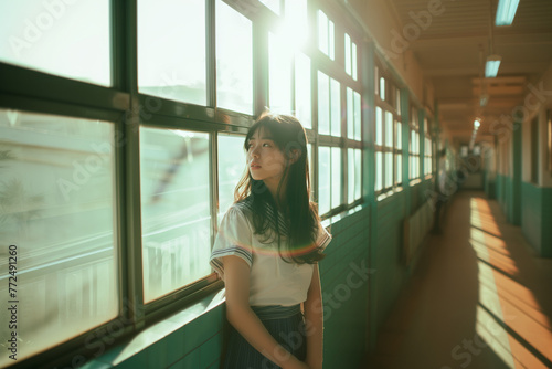 nostalgic 90s photo of asian schoolgirl looking out window in school hallway 