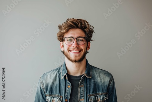 Portrait of a smiling young man with glasses and a denim jacket against a neutral gray background.