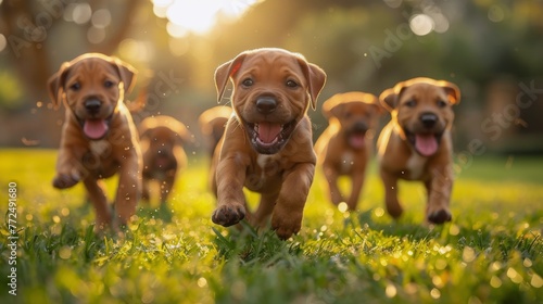 Three Puppies Running in Grass Field © homeganko