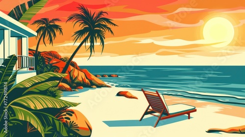 A vibrant mid-century modern beach scene is illustrated in this vector art, capturing the essence of retro coastal charm.
