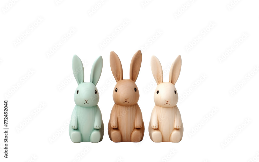 Fototapeta premium Three small plastic rabbits sit side by side in a line