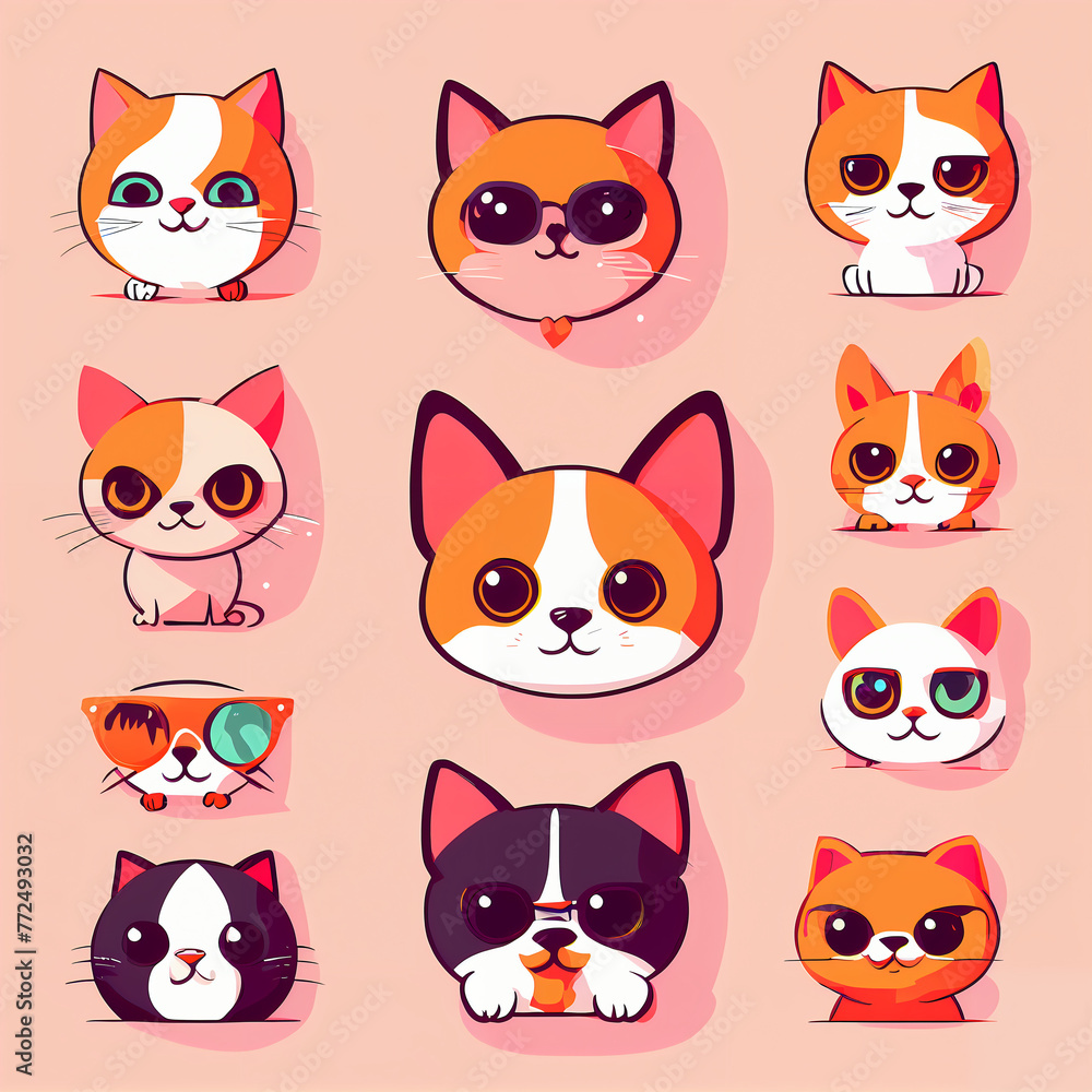 Fototapeta premium set of funny cartoon cats and dogs, colorfull cartoon flat cats, pets 