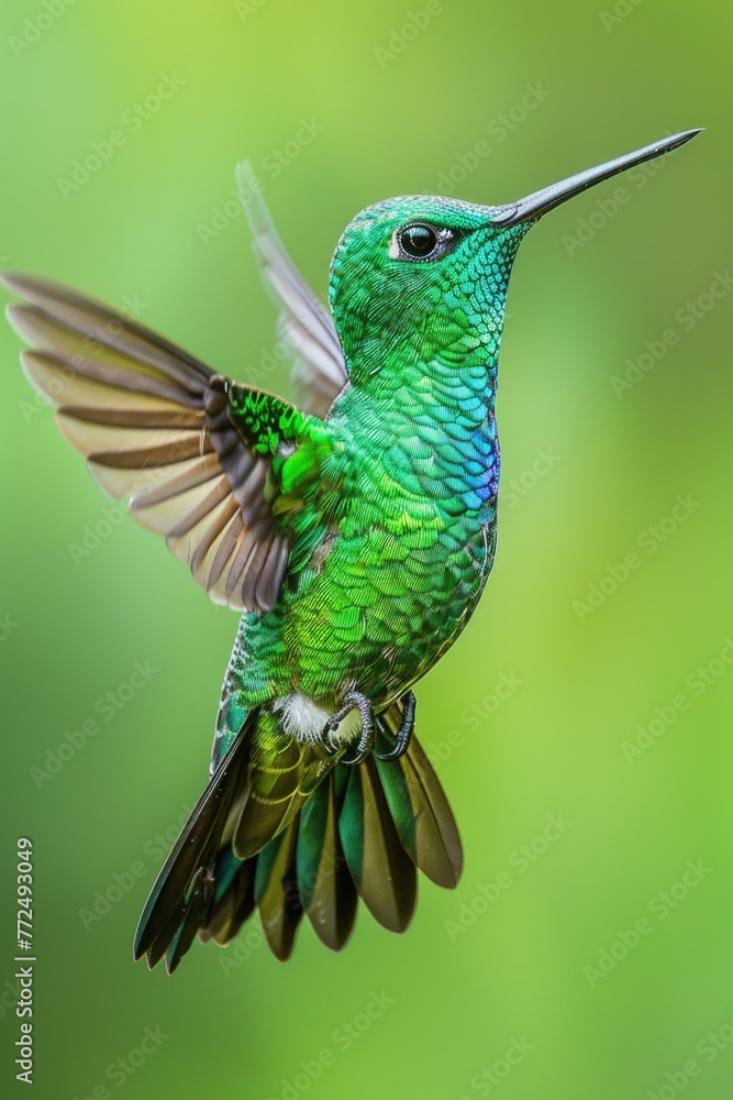 A vibrant green hummingbird soaring through the air. Perfect for nature and wildlife themed designs A vibrant green hummingbird soaring through the air. Perfect for nature and wildlife themed designs