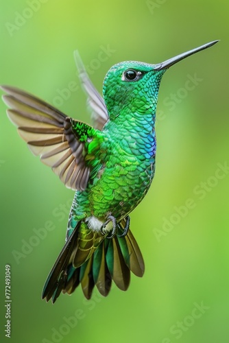 A vibrant green hummingbird soaring through the air. Perfect for nature and wildlife themed designs