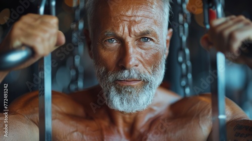 Man With White Beard Exercising in Gray Shirt at Gym