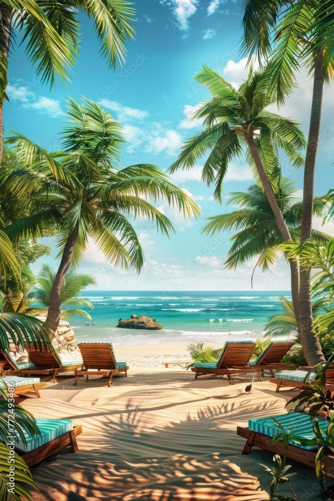 A serene tropical beach scene with lounge chairs and palm trees. Ideal for travel and vacation concepts A serene tropical beach scene with lounge chairs and palm trees. Ideal for travel and vacation concepts