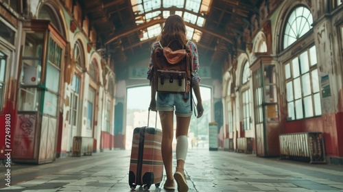 A woman walking through a train station with a suitcase. Perfect for travel and transportation concepts