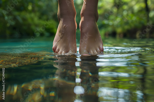 a person's feet dipping into a tranquil pond or natural hot spring