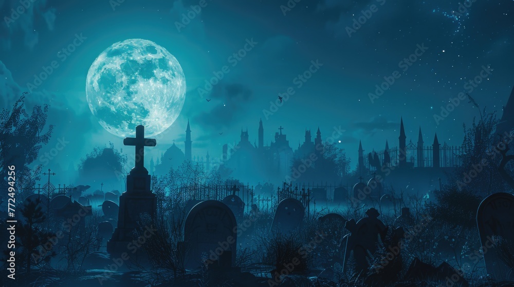 Eerie night scene with full moon shining over a cemetery. Suitable for Halloween themes