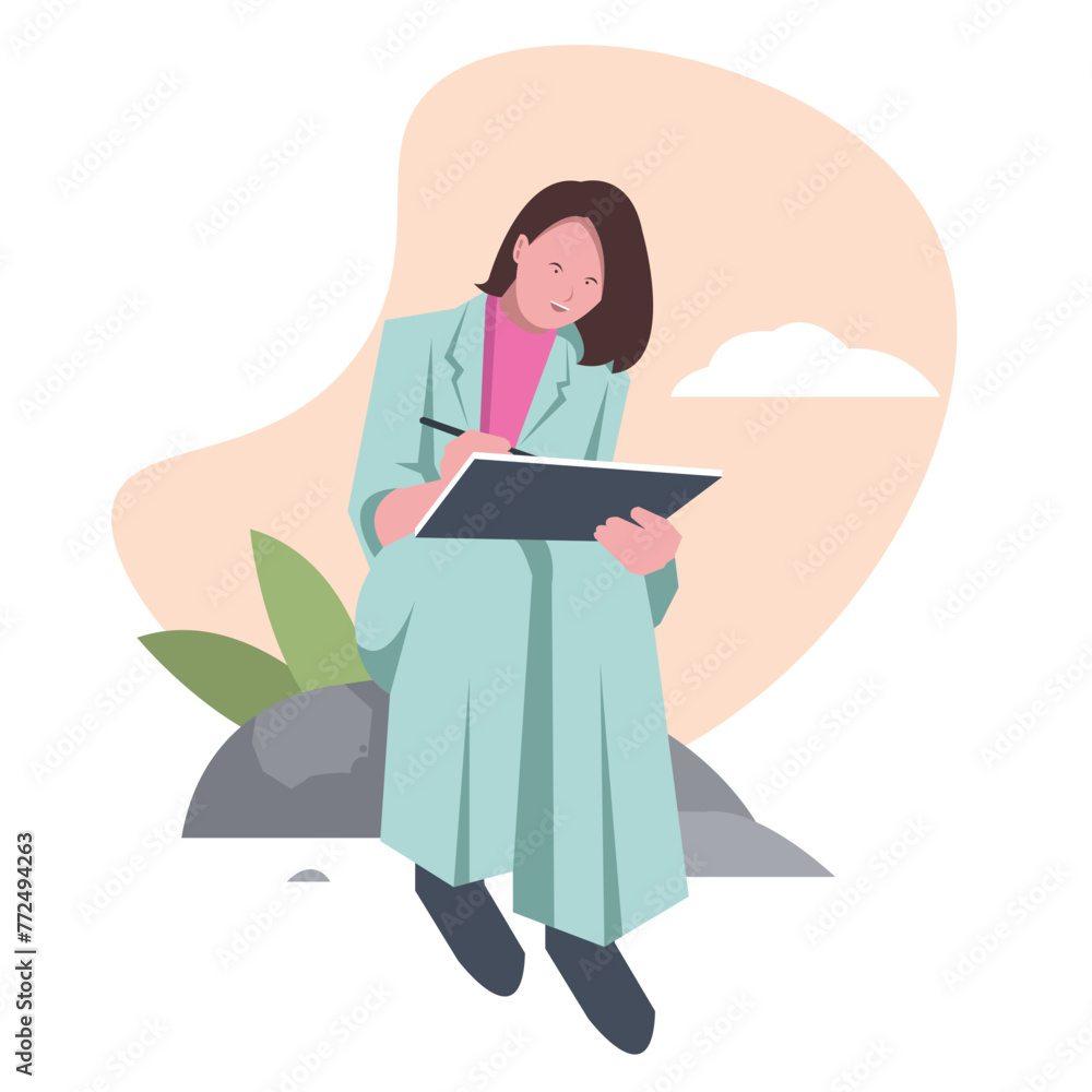 woman is writing in a book. businesswoman. devise a strategy. Work. suitable for business themes. flat vector illustration. woman is writing in a book. businesswoman. devise a strategy. Work. suitable for business themes. flat vector illustration.