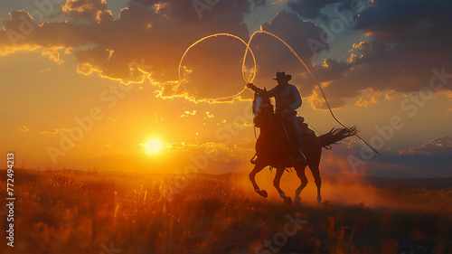A cowboy on a horse with a hat gallops across a field, twirling a lasso in the air, against a backdrop of a beautiful sunset, the Wild West, freedom, adventure and the beauty of nature. 