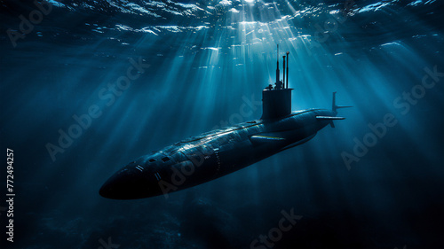 A combat submarine plunges into the ocean depths on a military mission, a play of light underwater. 