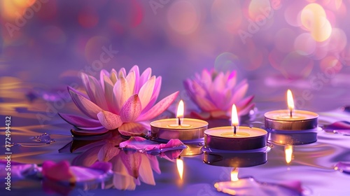 Three candles with little lotus flowers on a purple background