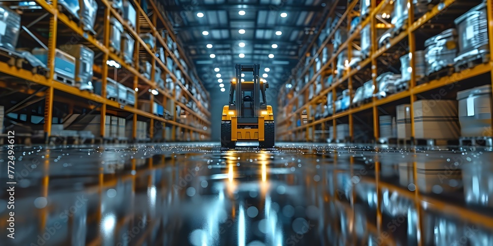 Forklift Operations in a Vehicle Parts Warehouse. Concept Forklift Maintenance, Safety Protocols, Inventory Management, Efficient Operations, Workplace Communication
