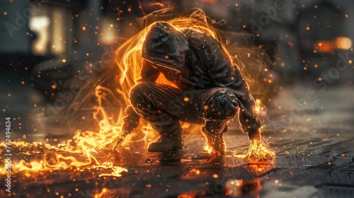 A man kneeling on a street with a fiery background. Suitable for dramatic scenes or emergency concepts