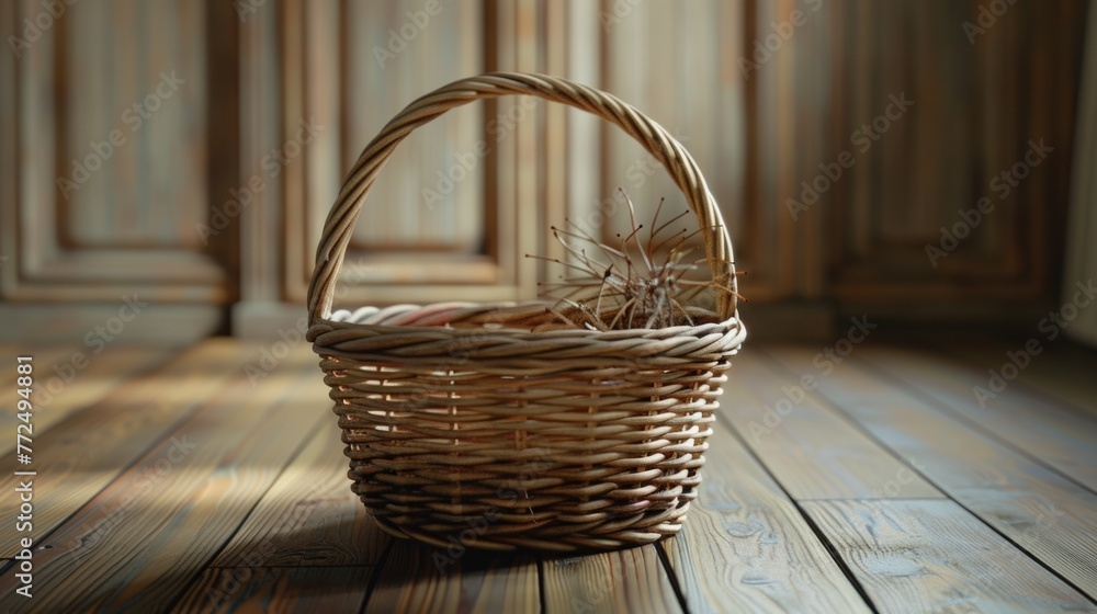 A wicker basket placed on a wooden floor. Ideal for home decor or rustic themes - obrazy, fototapety, plakaty 