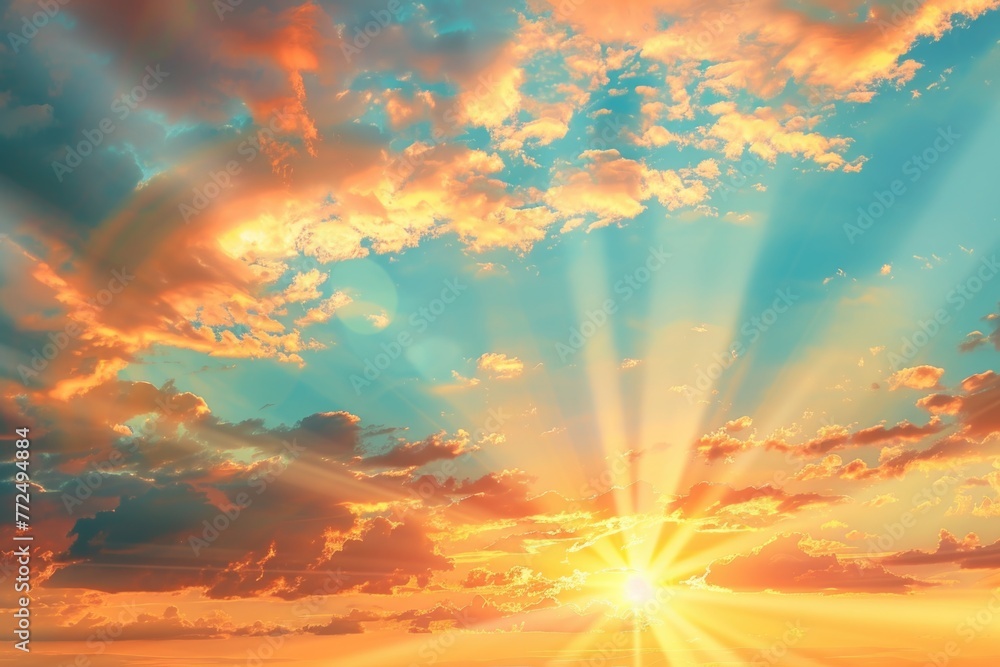Bright sun rays shining through clouds over the ocean. Perfect for travel and nature concepts Bright sun rays shining through clouds over the ocean. Perfect for travel and nature concepts