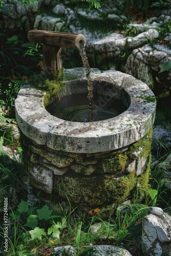 Stone well with water flowing out, suitable for nature and outdoor concepts