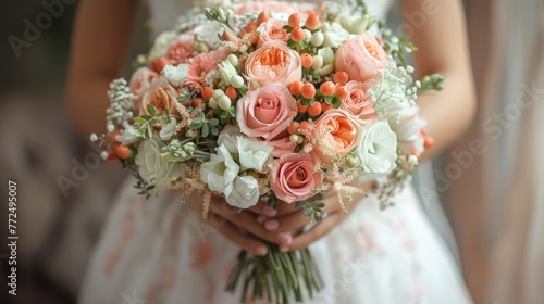 Beautiful wedding bouquet in hands of the bride  close-up