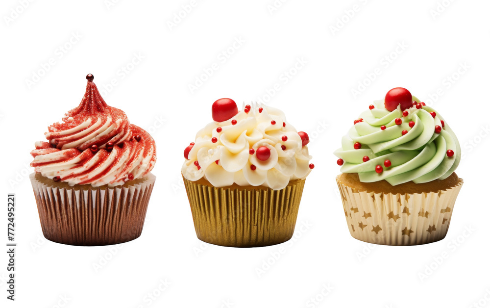 A trio of colorful cupcakes sit side by side on a tabletop, each topped with a swirl of frosting and sprinkles A trio of colorful cupcakes sit side by side on a tabletop, each topped with a swirl of frosting and sprinkles